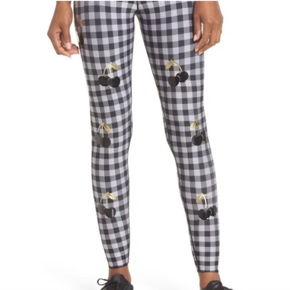 Black and white gingham, black cherries gold trim, high elastic waist legging.